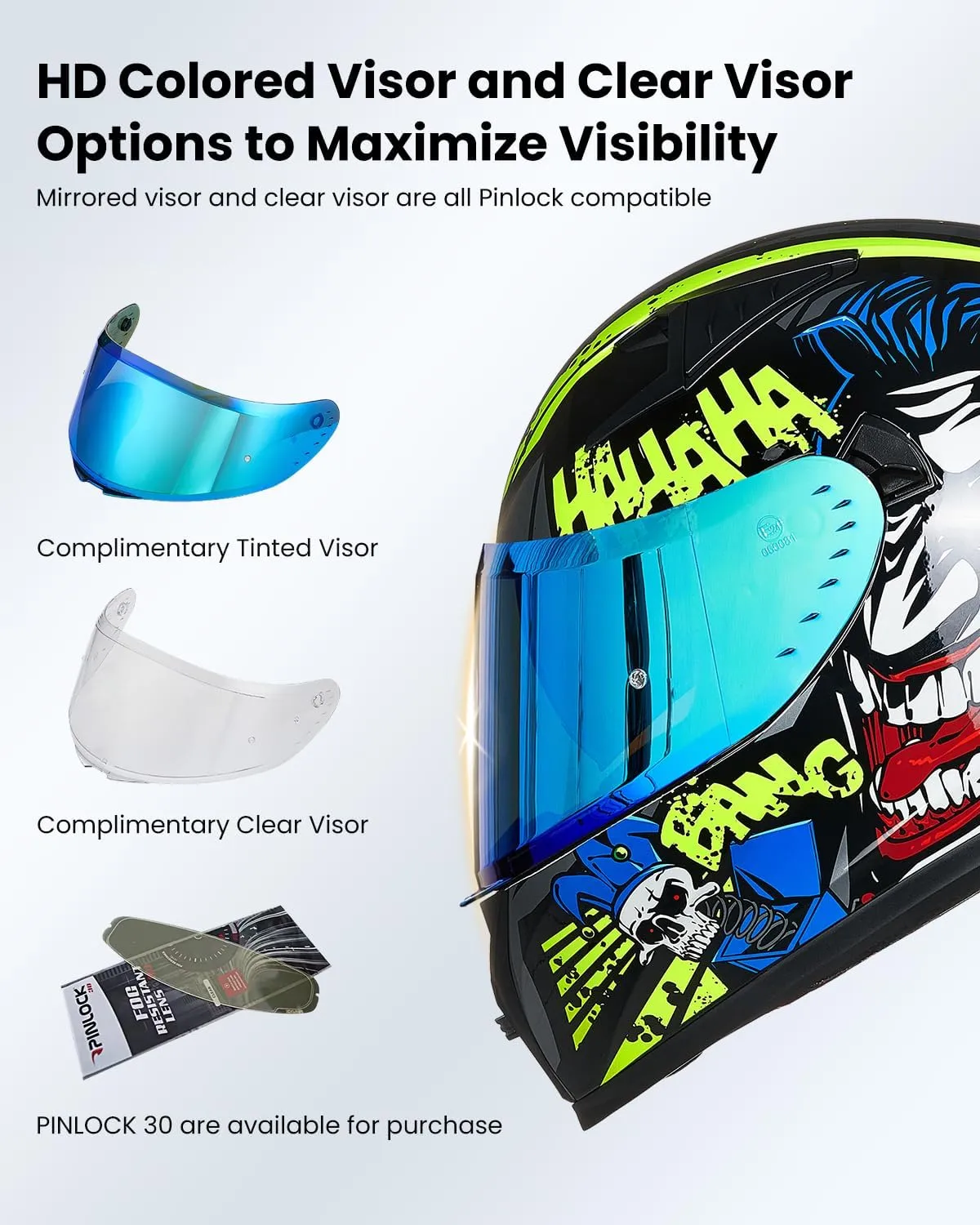 ILM Motorcycle Helmet Full Face with Pinlock Compatible Clear&Tinted Visors and Fins Street Bike Motocross Casco DOT Model Z501(Surprise Yellow, Large)