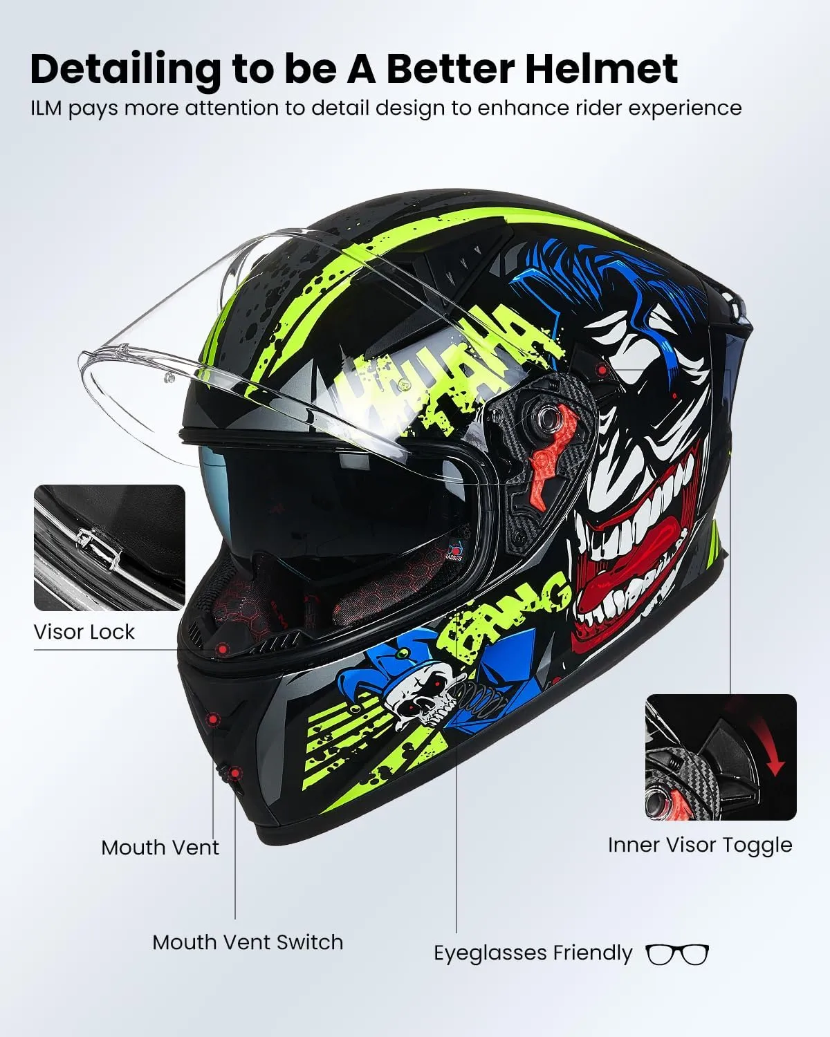 ILM Motorcycle Helmet Full Face with Pinlock Compatible Clear&Tinted Visors and Fins Street Bike Motocross Casco DOT Model Z501(Surprise Yellow, Large)