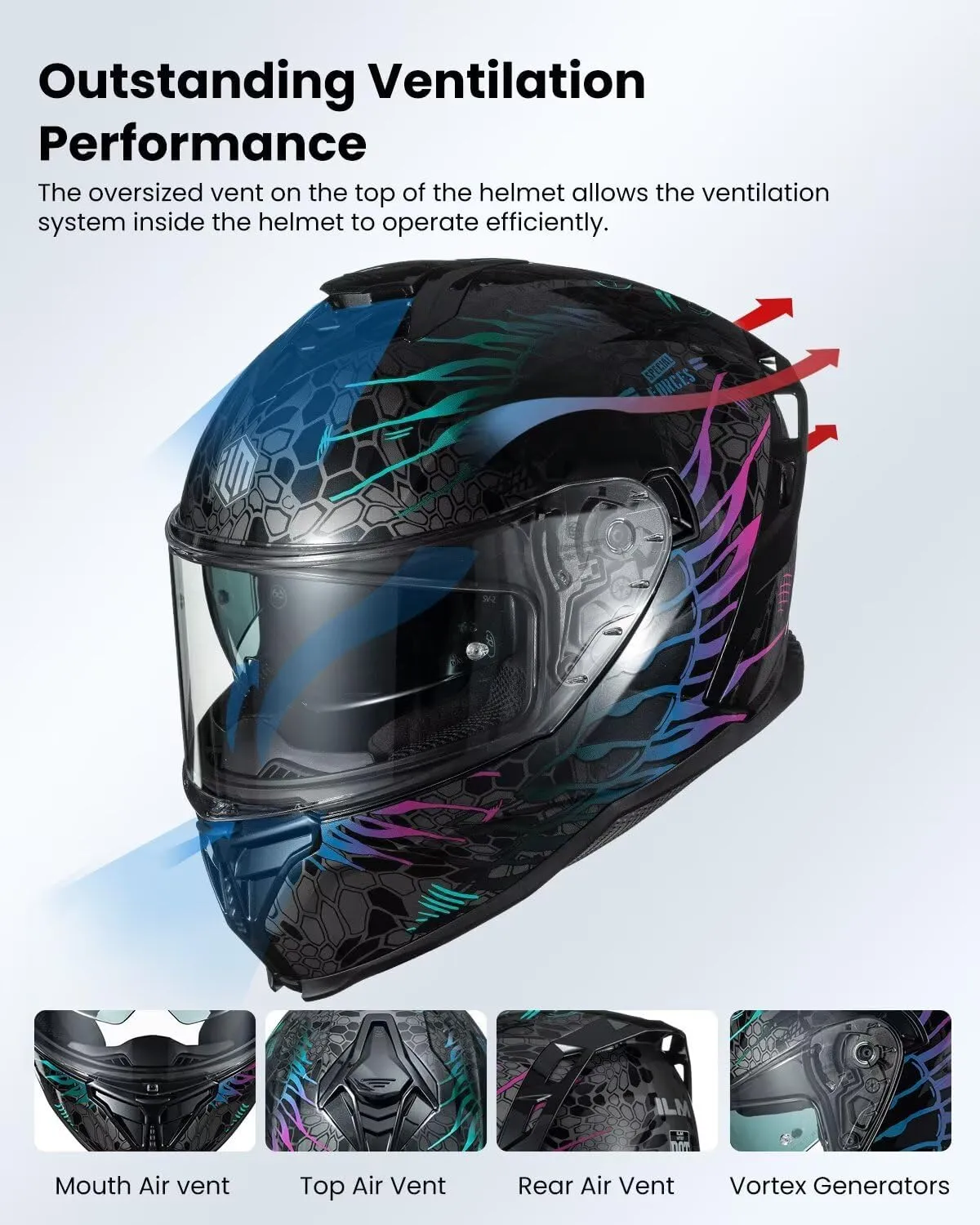 ILM Motorcycle Helmets DOT ECE Dual Visor Street Racing Helmet Full Face Powersports Cascos for Men Women Model MF567(Cobra Camaleon Purple, XL)
