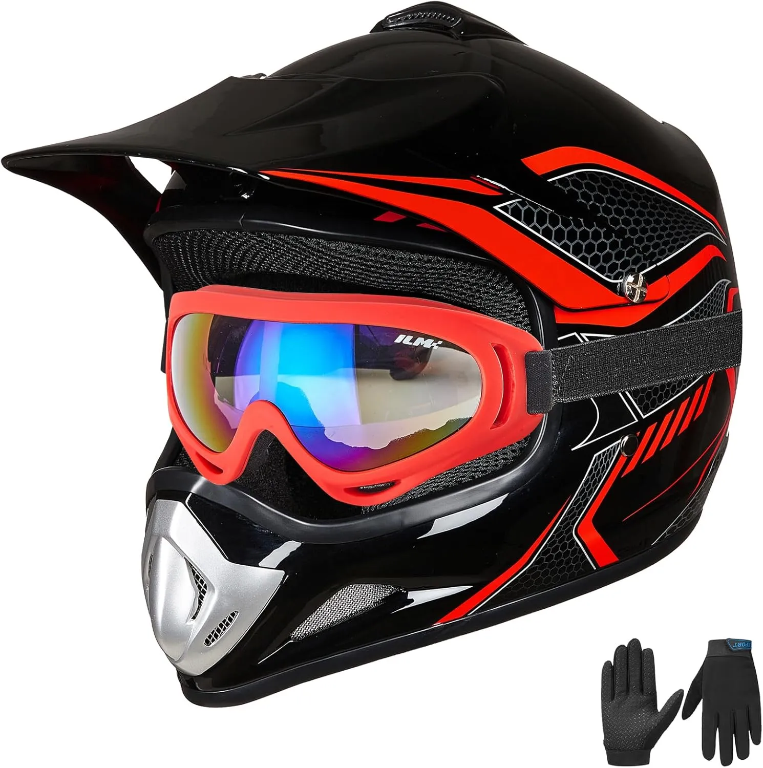ILM Youth Kids Dirt Bike Helmet ATV Motocross DOT Off-Road Street Helmet Goggles Gloves Full Face Protective Helmet Model BLD-818