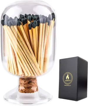 Includes Matches! | Decorative Glass Matches Cloche | Bottle Jar Fireplace Candle Match Holder Gift Set (Black)