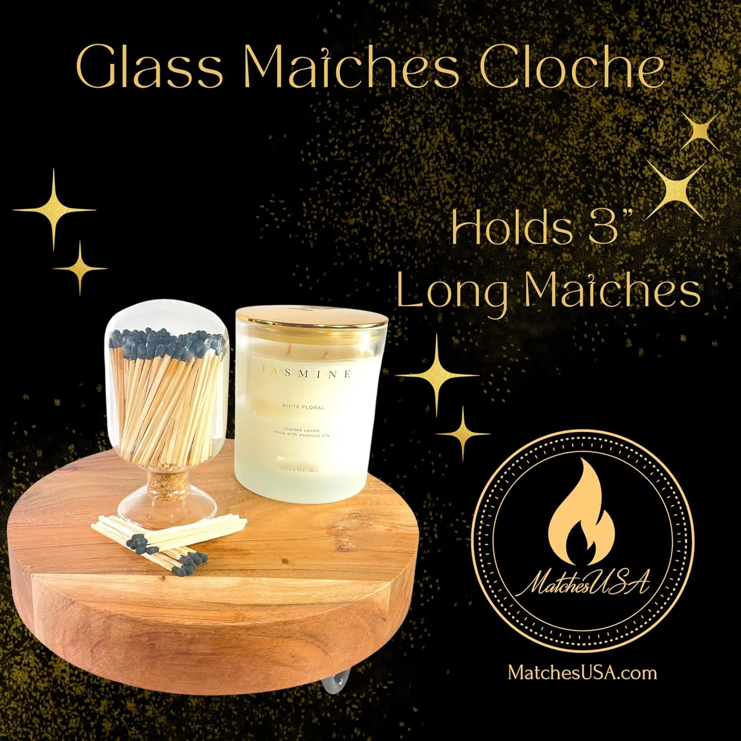 Includes Matches! | Decorative Glass Matches Cloche | Bottle Jar Fireplace Candle Match Holder Gift Set (Black)