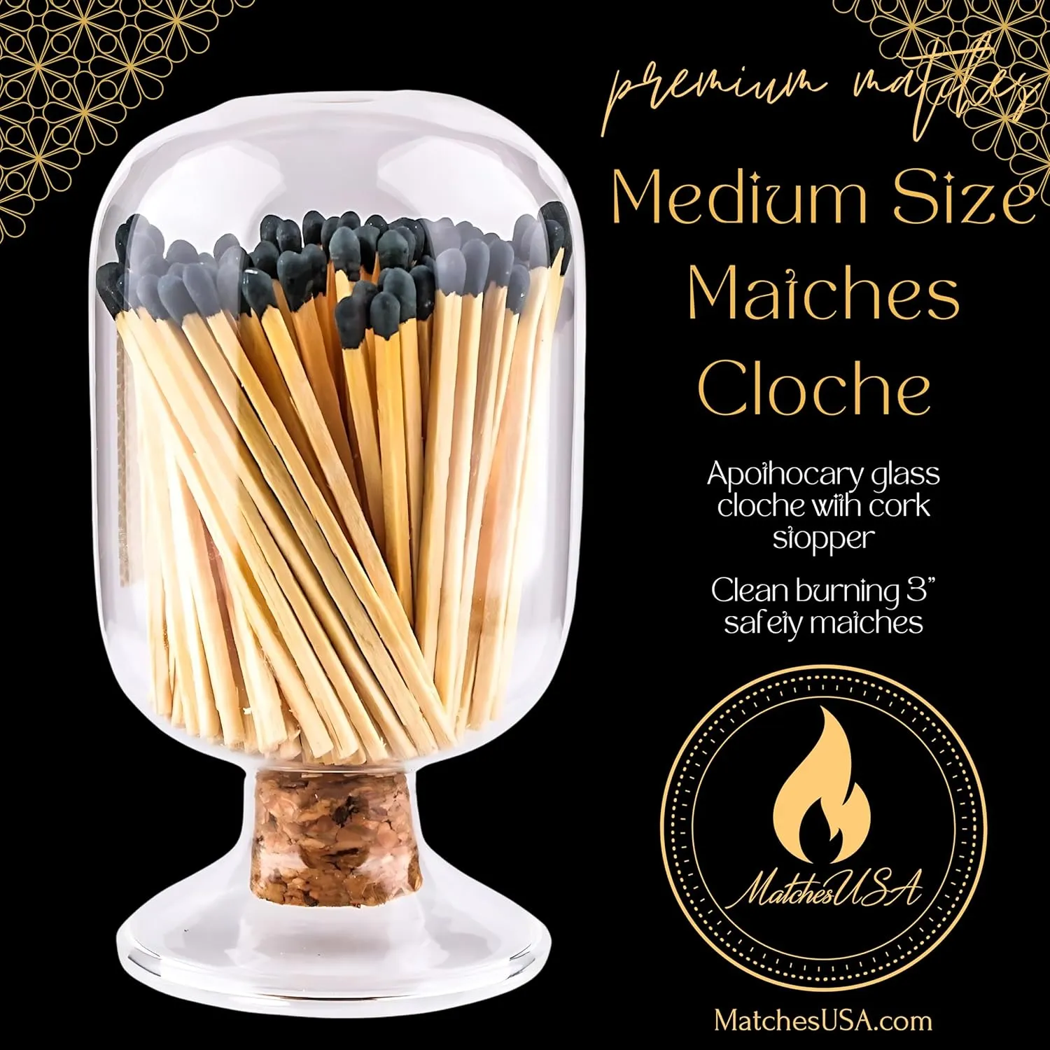 Includes Matches! | Decorative Glass Matches Cloche | Bottle Jar Fireplace Candle Match Holder Gift Set (Black)