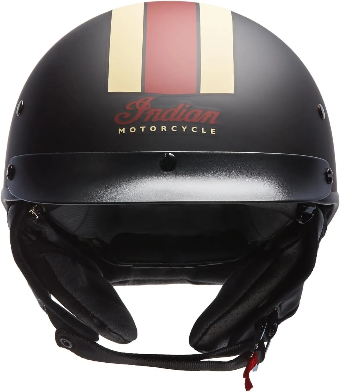 Indian Motorcycle Half Helmet, Black with Retro Racing Stripe, Matte Finish, Removable Earflaps and Visor, Bluetooth Capable - 2863696