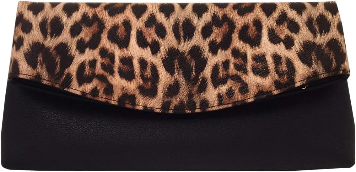 JNB Synthetic Leather Leopard Print Fold Over Clutch