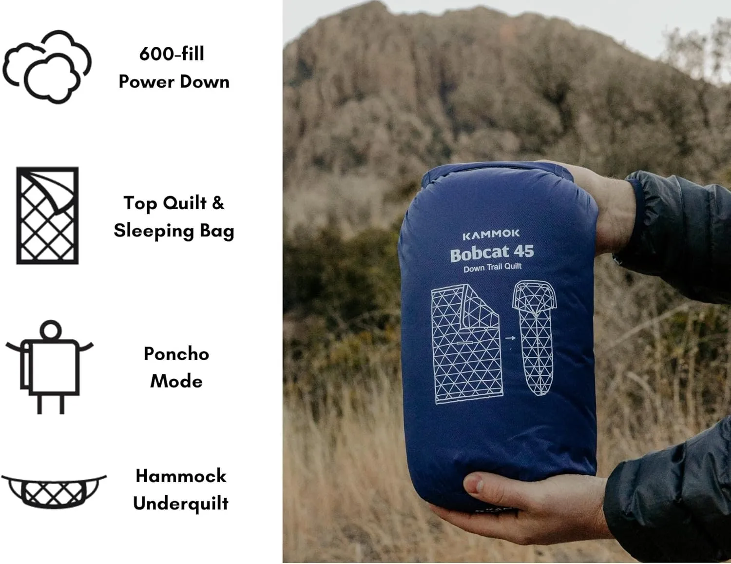 KAMMOK Bobcat 45°F - Down Trail Quilt, Water Resistant, Durable, Compact and Packable, Indoor/Outdoor Camp Blanket (84 in × 54 in)