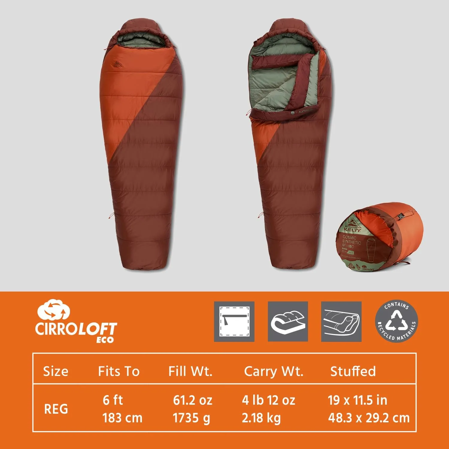 Kelty Cosmic Synthetic Fill 0 Degree Backpacking Sleeping Bag, Regular – Compression Straps, Stuff Sack Included