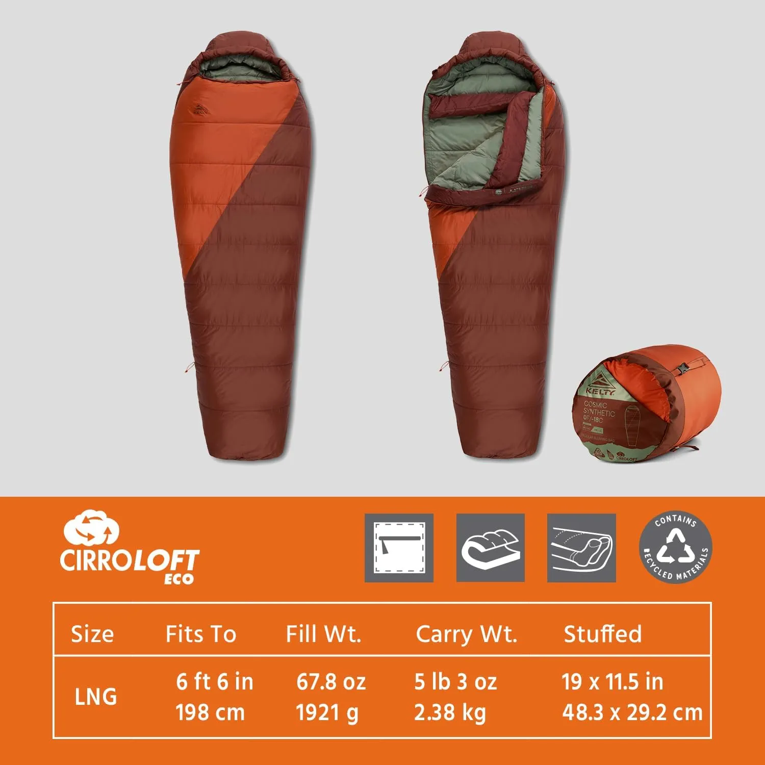 Kelty Cosmic Synthetic Fill 0 Degree Backpacking Sleeping Bag, Regular – Compression Straps, Stuff Sack Included