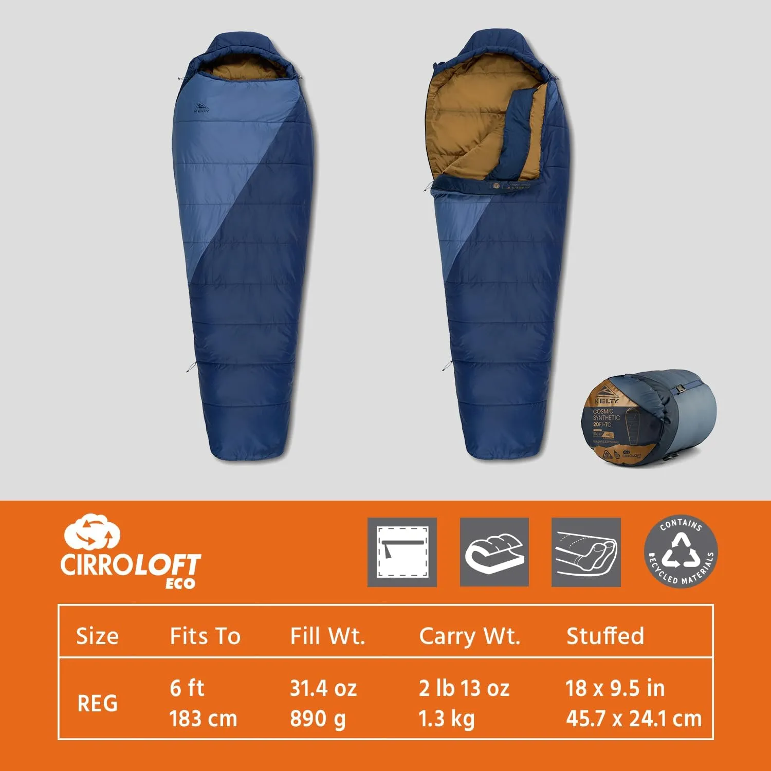 Kelty Cosmic Synthetic Fill 20 Degree Backpacking Sleeping Bag – Compression Straps, Stuff Sack Included