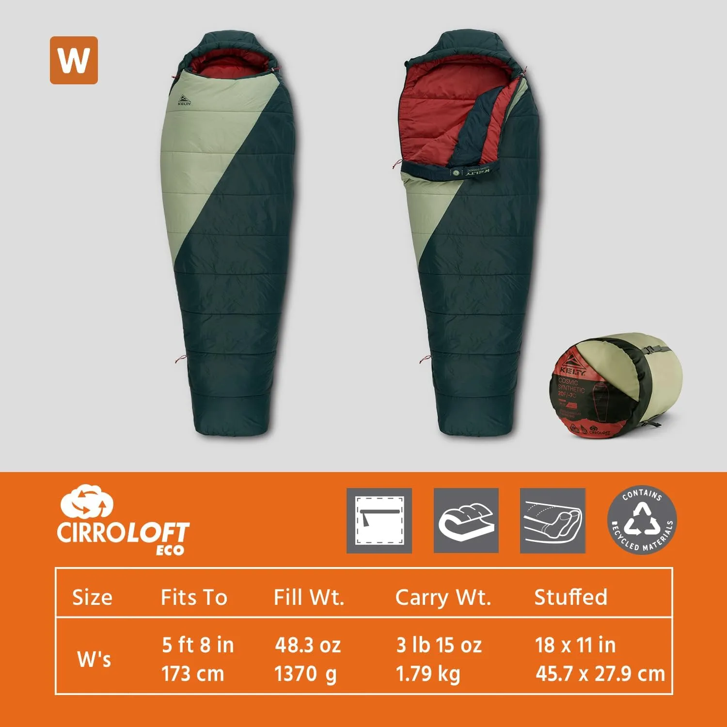 Kelty Cosmic Synthetic Fill 20 Degree Backpacking Sleeping Bag – Compression Straps, Stuff Sack Included