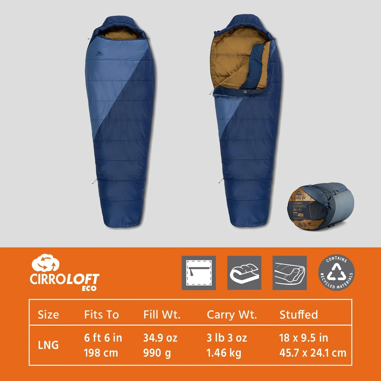 Kelty Cosmic Synthetic Fill 20 Degree Backpacking Sleeping Bag – Compression Straps, Stuff Sack Included