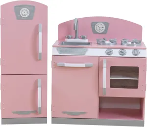 KidKraft Retro Wooden Play Kitchen and Refrigerator 2-Piece Set with Faucet, Sink, Burners and Working Knobs, Pink, Gift for Ages 3 