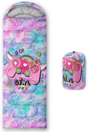 Kids Sleeping Bag for Girls,Watercolor Splash with Game Console-Lightweight Warm Outdoor Indoor-Waterproof Cold Weather Resistant Sleeping Bag for Camping Hiking(Game 32"*90")