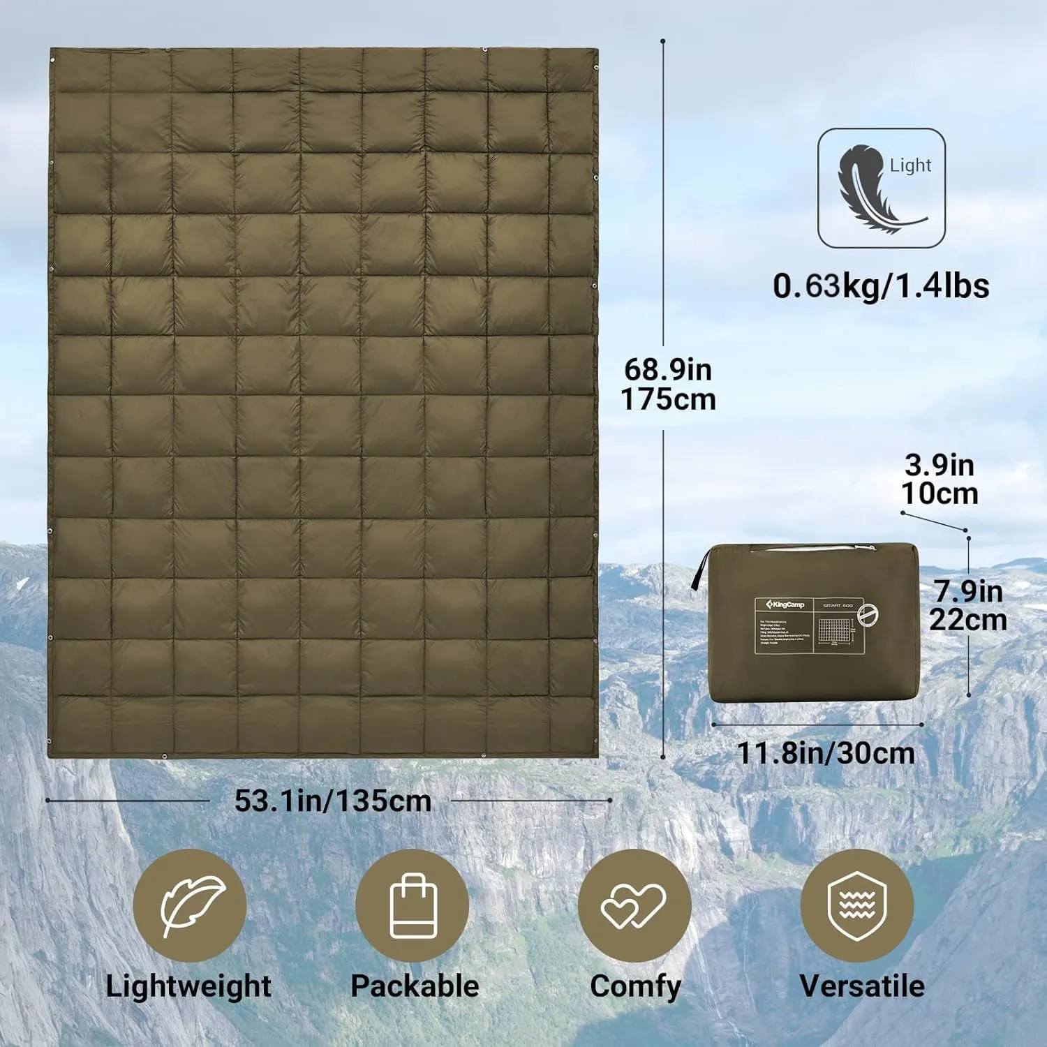 KingCamp Camping Blanket Lightweight, Multifunctional Warm Puffy Outdoor Blanket with Snap Button, Water Repellent, Packable, for Travel, Airplane, Hiking, Picnic