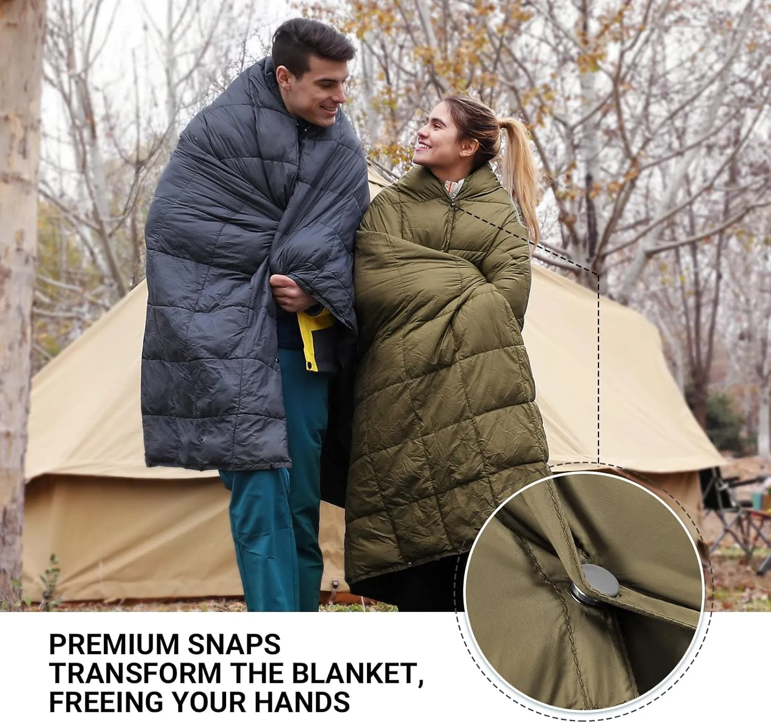 KingCamp Camping Blanket Lightweight, Multifunctional Warm Puffy Outdoor Blanket with Snap Button, Water Repellent, Packable, for Travel, Airplane, Hiking, Picnic
