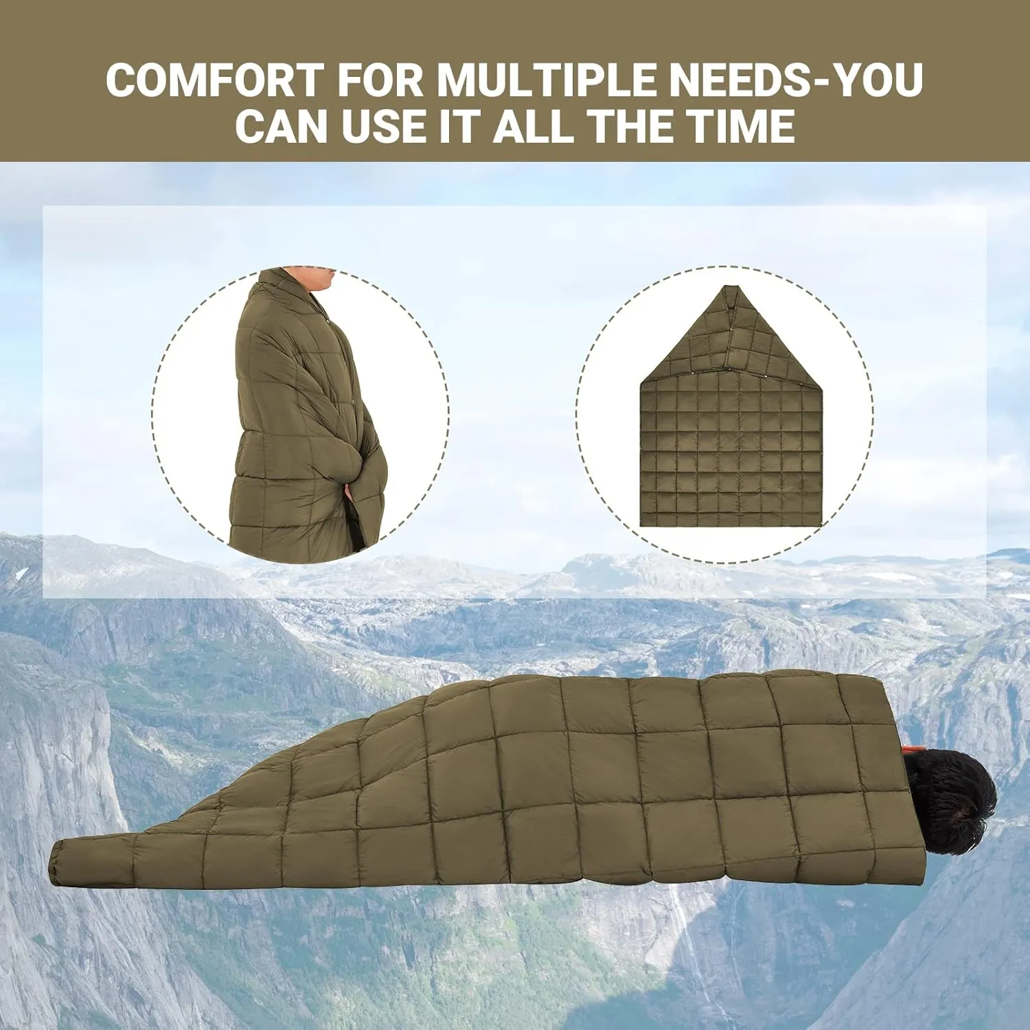 KingCamp Camping Blanket Lightweight, Multifunctional Warm Puffy Outdoor Blanket with Snap Button, Water Repellent, Packable, for Travel, Airplane, Hiking, Picnic