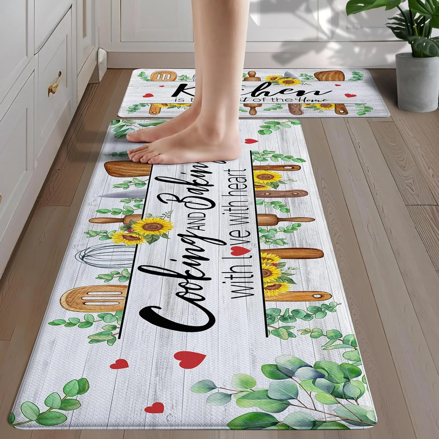 Kitchen Mats for Floor Anti Fatigue, Cushioned Farmhouse Kitchen Rugs Set of 2 - Non Slip Cooking and Baking Kitchen Decor - PVC Comfort Runners for Kitchen Floor 17"x27" 17"x47"
