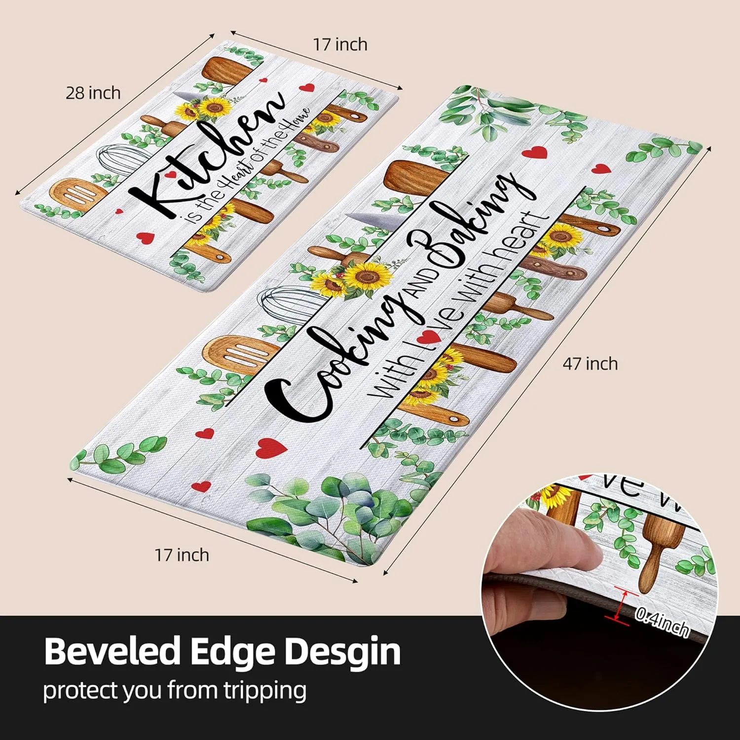Kitchen Mats for Floor Anti Fatigue, Cushioned Farmhouse Kitchen Rugs Set of 2 - Non Slip Cooking and Baking Kitchen Decor - PVC Comfort Runners for Kitchen Floor 17"x27" 17"x47"