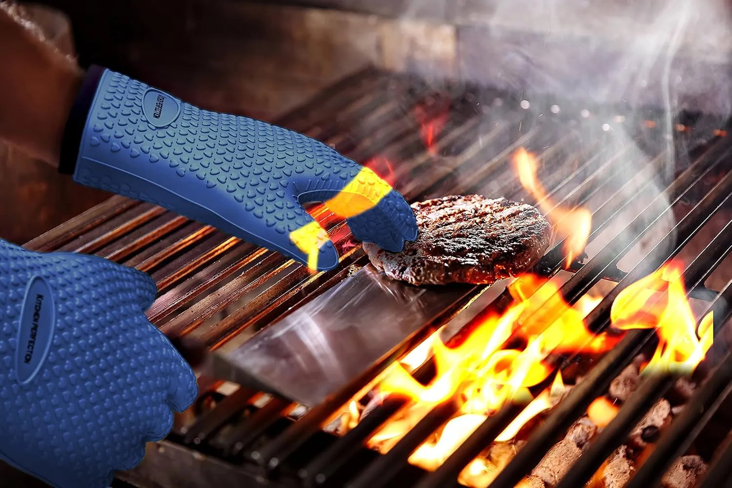 KITCHEN PERFECTION S Silicone Smoker Oven Gloves -Extreme Heat Resistant BBQ Gloves -Handle Hot Food Right on Your Grill Fryer Pit|Waterproof Oven Mitts |Superior Value Set 3 Bonuses