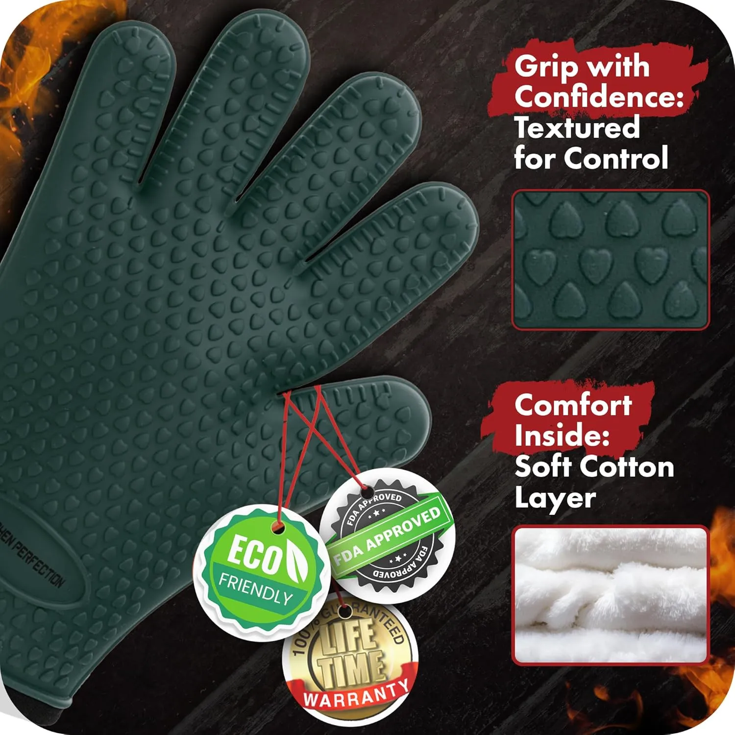 Kitchen perfection XL Silicone Smoker Oven Gloves-Extreme Heat Resistant BBQ Gloves-Handle Hot Food Right on Your Grill Fryer&Pit|Waterproof Grilling Cooking Baking Mitts|Superior Value Set 3 Bonuses