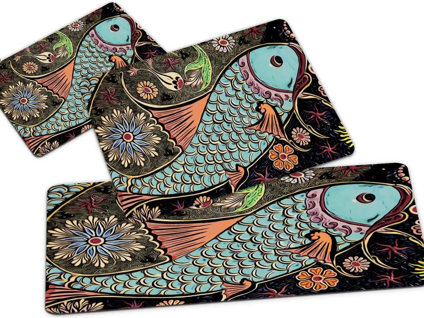 Kitchen Rug Sets 3 Piece with Runner,Art Fishes Here Fishes There Ocean Tropical and Exotic Coral Reefs Fish in a Shallow Underwater, Washable Non Slip Anti Fatigue Floor Mats for Hallway,Laundry,Sink
