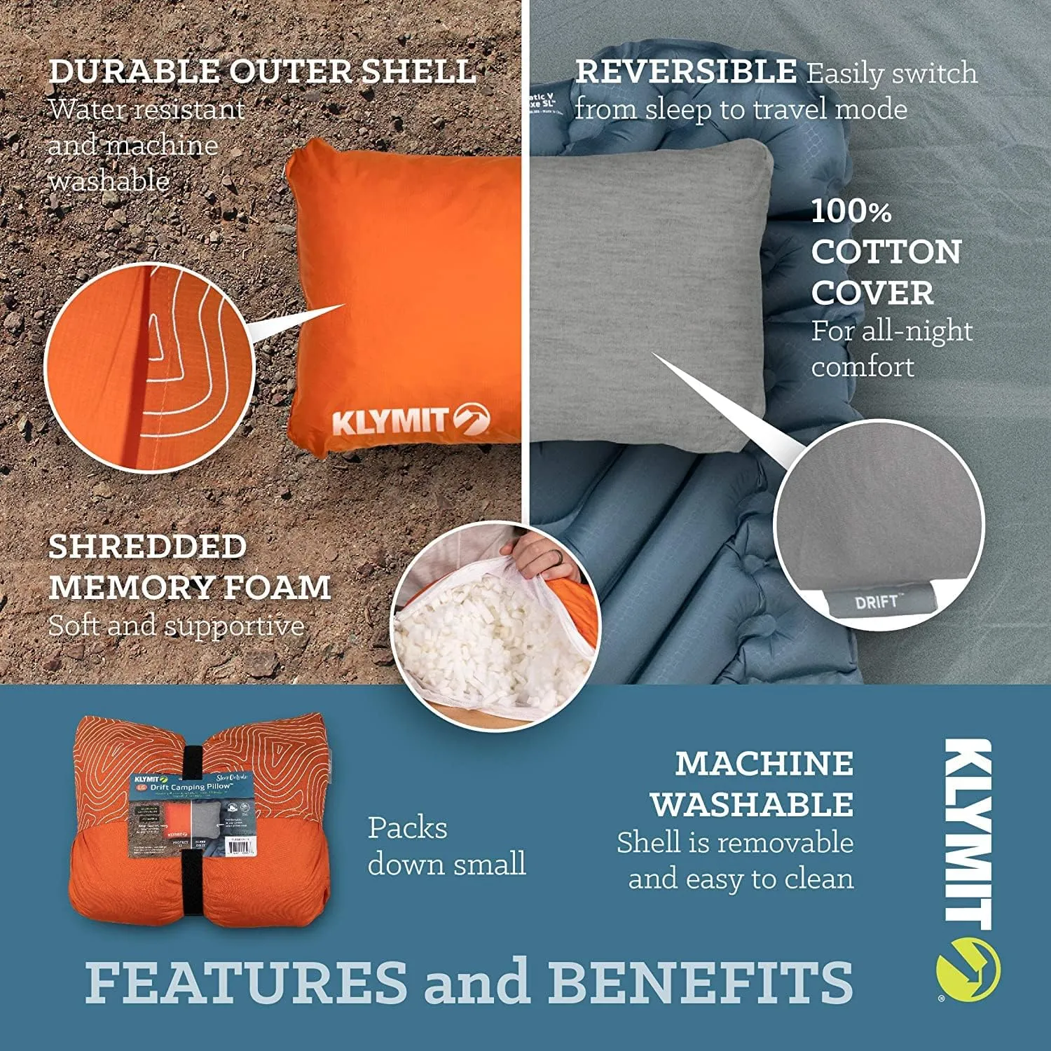 Klymit Drift Camping Pillow, Shredded Memory Foam Travel Pillow with Reversible Cover for Outdoor Use, Orange, Regular