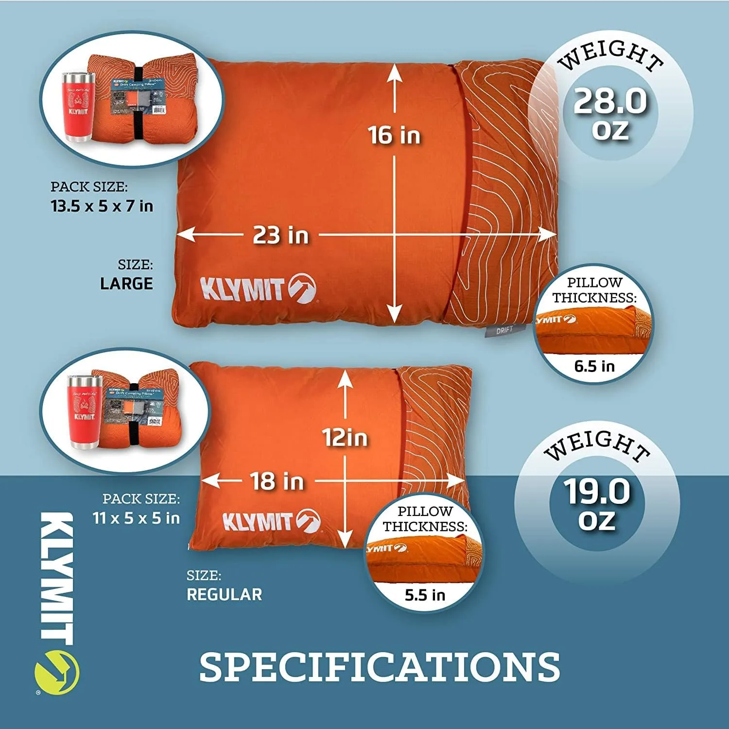 Klymit Drift Camping Pillow, Shredded Memory Foam Travel Pillow with Reversible Cover for Outdoor Use, Orange, Regular