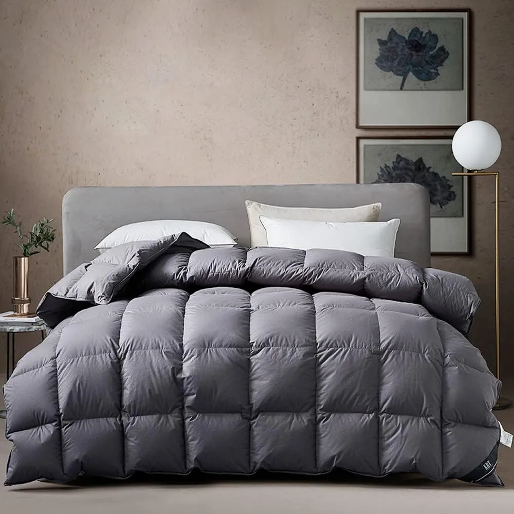 KRT Luxurious Goose Feathers Down Comforter - Dark Grey Queen Size 50 Oz Medium Weight Duvet Insert - 100% Cotton Cover with 8 Corner Tabs (Queen All-Season, 90''x90'')