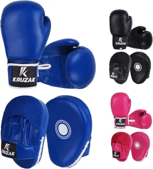 Kruzak Plain Focus Mitts and Boxing Gloves Set for Kickboxing and Muay Thai MMA Training - Fitness Kit with Punching Pads for Martial Arts and Karate