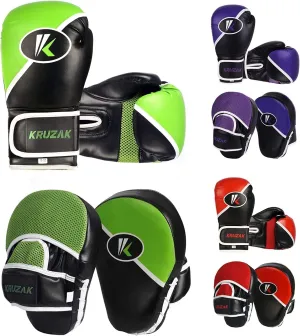 Kruzak Premium Boxing Gloves and Focus Mitts Set for Kickboxing and Muay Thai MMA Training| Focus Pads and Training Gloves | Fitness Kit for Martial Arts & Karate | 08, 10, 12, 14, 16 oz Gloves