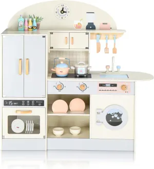 Ktaxon Wooden Play Kitchen for Kids, Pretend Kitchen Playset with Toy Double-Door Refrigerator, Storage Space & Cooking Set Accessories for 3  Years Old Girls and Boys
