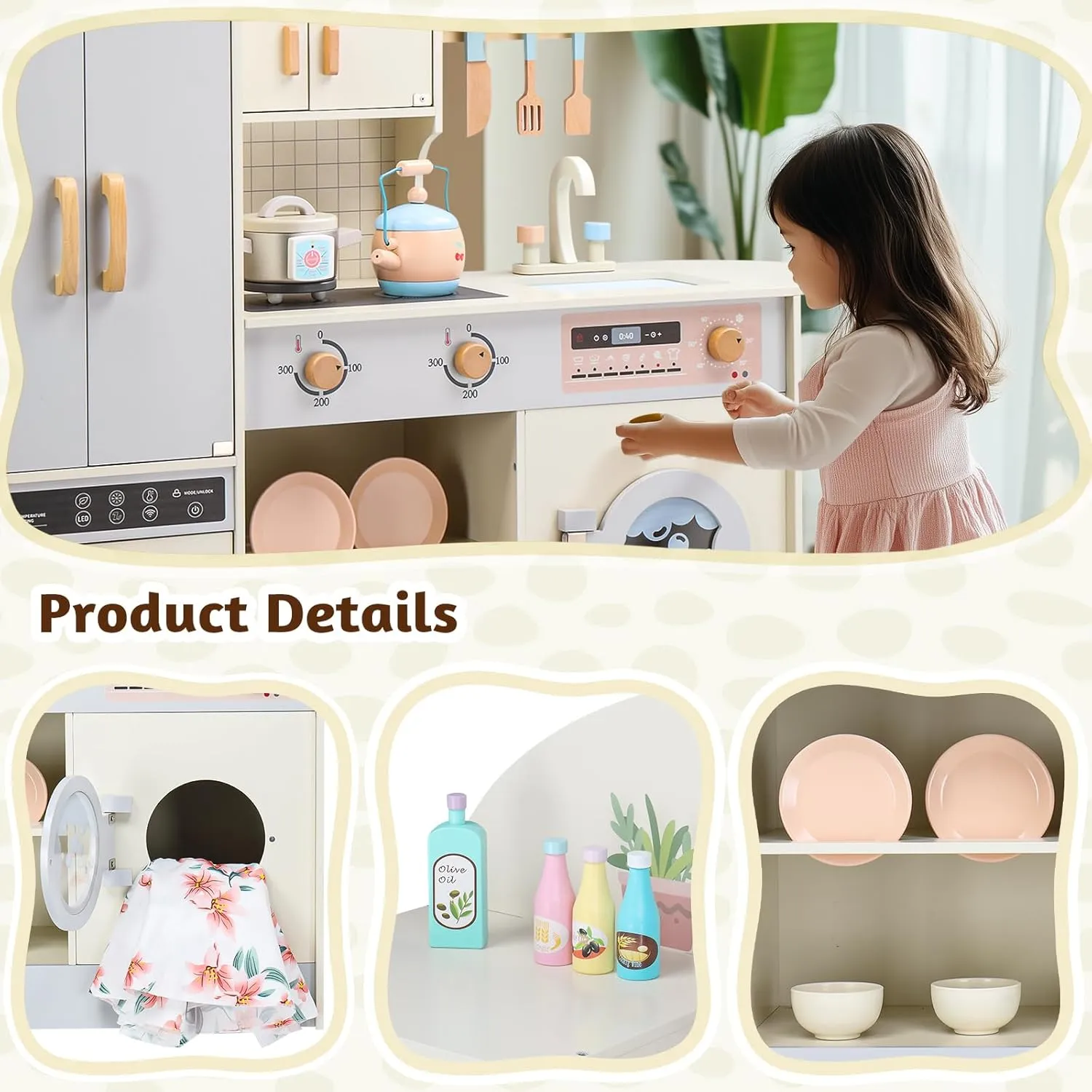 Ktaxon Wooden Play Kitchen for Kids, Pretend Kitchen Playset with Toy Double-Door Refrigerator, Storage Space & Cooking Set Accessories for 3  Years Old Girls and Boys