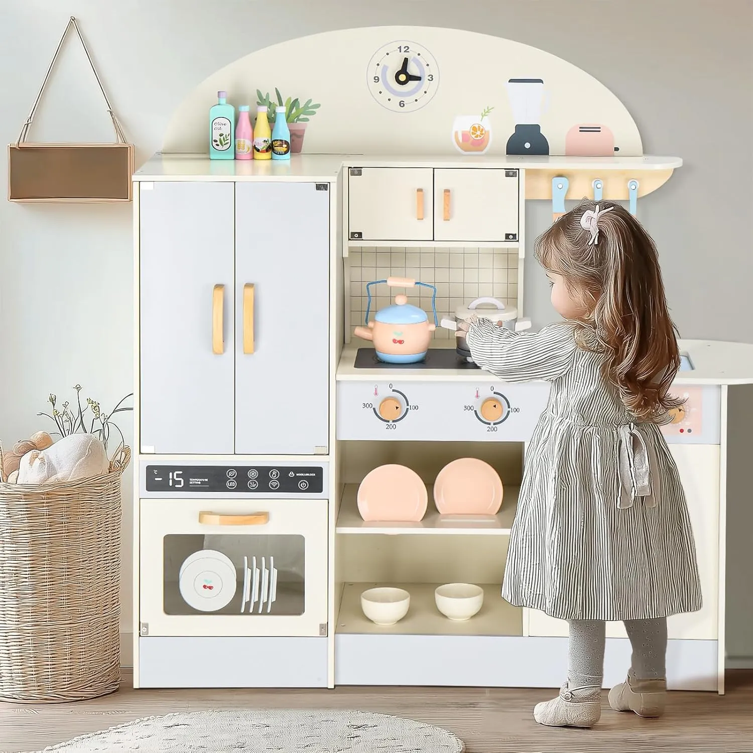 Ktaxon Wooden Play Kitchen for Kids, Pretend Kitchen Playset with Toy Double-Door Refrigerator, Storage Space & Cooking Set Accessories for 3  Years Old Girls and Boys