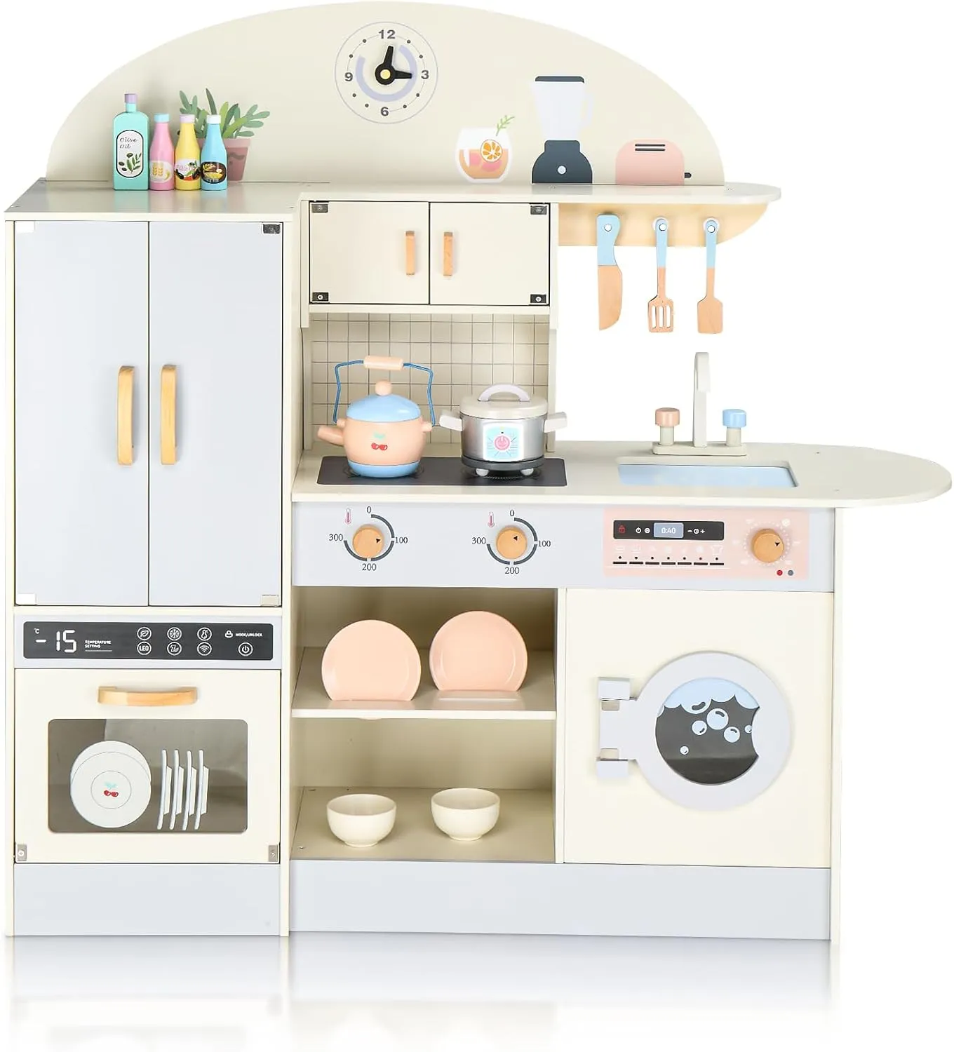 Ktaxon Wooden Play Kitchen for Kids, Pretend Kitchen Playset with Toy Double-Door Refrigerator, Storage Space & Cooking Set Accessories for 3  Years Old Girls and Boys
