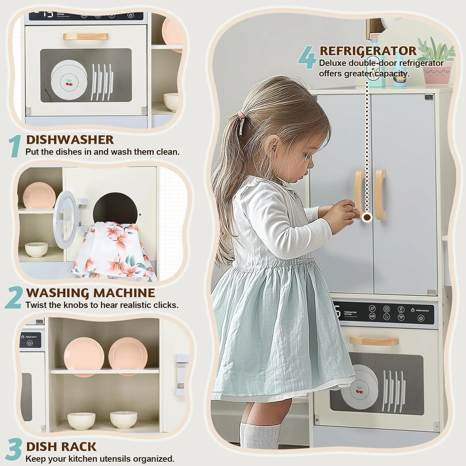 Ktaxon Wooden Play Kitchen for Kids, Pretend Kitchen Playset with Toy Double-Door Refrigerator, Storage Space & Cooking Set Accessories for 3  Years Old Girls and Boys