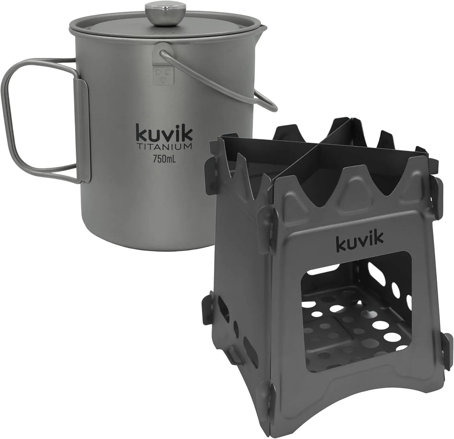 Kuvik 750ml (25.4 oz) Titanium French Press & Titanium Wood Stove Bundle