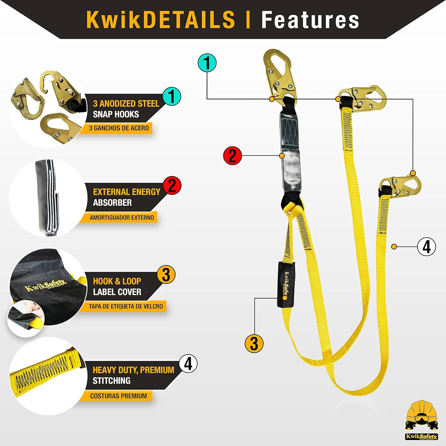 KwikSafety - Charlotte, NC - TAIPAN 6’ Double Leg Flat Safety Lanyard [SAFETY ANCHOR COMBO] ANSI Tested OSHA Compliant Adjustable Fall Restraint Protection Construction Roofing Beam Equipment