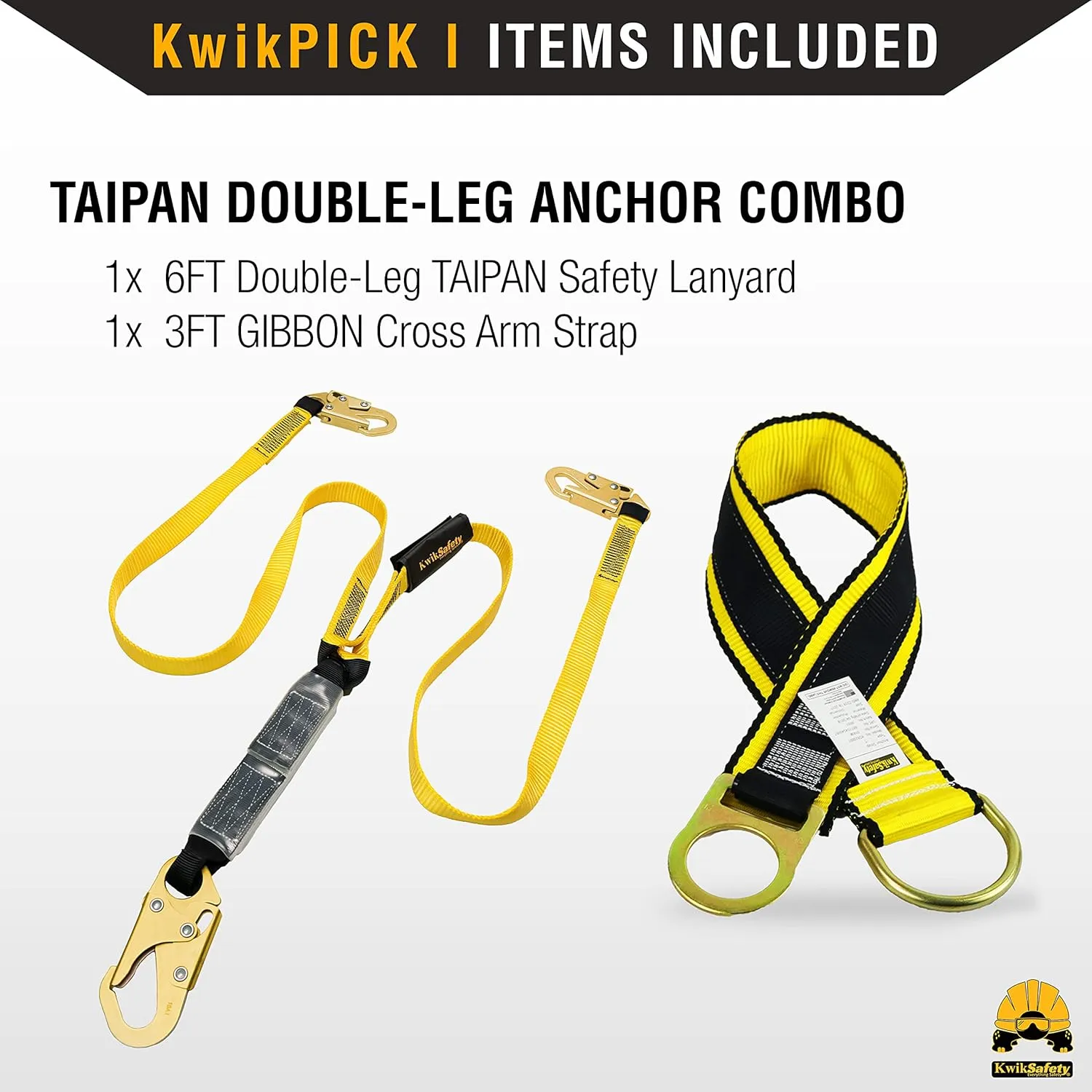 KwikSafety - Charlotte, NC - TAIPAN 6’ Double Leg Flat Safety Lanyard [SAFETY ANCHOR COMBO] ANSI Tested OSHA Compliant Adjustable Fall Restraint Protection Construction Roofing Beam Equipment
