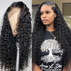 Lace Front Wigs Human Hair Pre-Plucked Deep Wave Synthetic Artificial Wigs Long Middle Part Curly Glueless Wigs for Black Women Girls Transparent Lace Front Closure Glueless Wigs 30 Inch