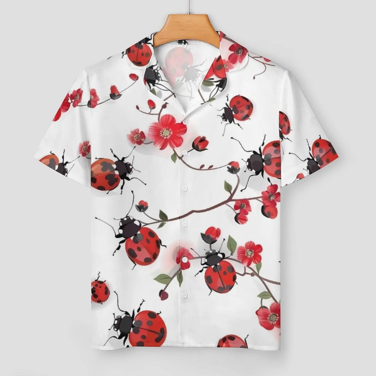 Ladybugs with Red Flowers Women's Satin Pajama Set Short Sleeve Button Down Sleepwear Loungewear Pj Set