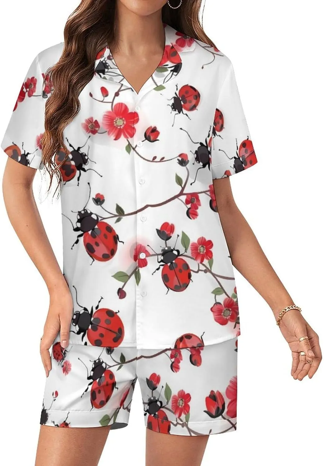 Ladybugs with Red Flowers Women's Satin Pajama Set Short Sleeve Button Down Sleepwear Loungewear Pj Set