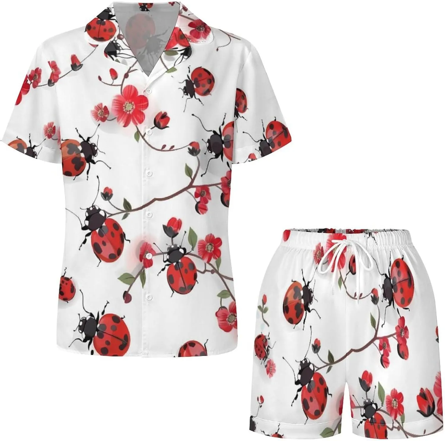 Ladybugs with Red Flowers Women's Satin Pajama Set Short Sleeve Button Down Sleepwear Loungewear Pj Set