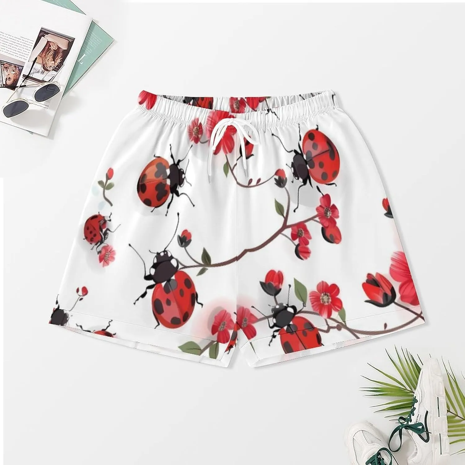 Ladybugs with Red Flowers Women's Satin Pajama Set Short Sleeve Button Down Sleepwear Loungewear Pj Set