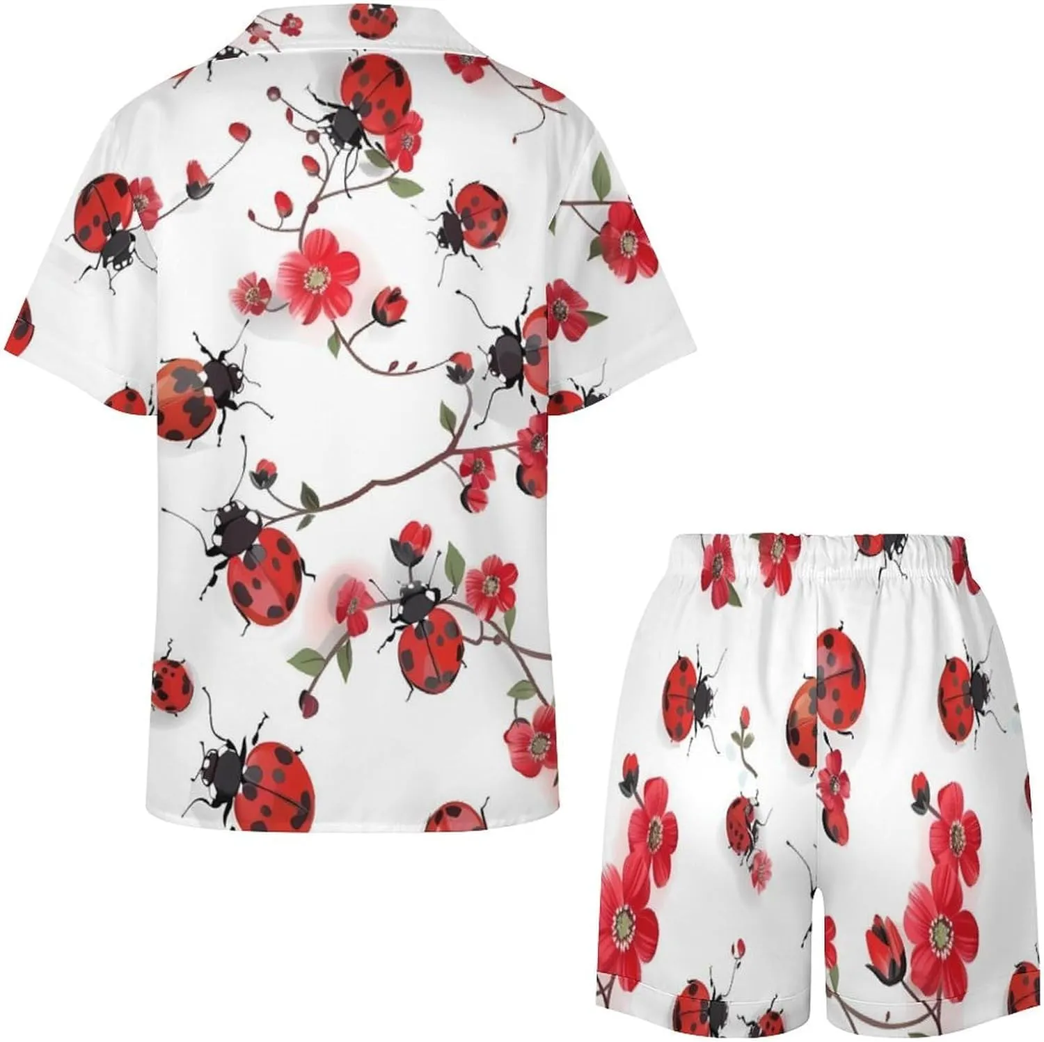 Ladybugs with Red Flowers Women's Satin Pajama Set Short Sleeve Button Down Sleepwear Loungewear Pj Set