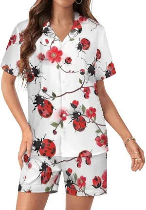 Ladybugs with Red Flowers Women's Satin Pajama Set Short Sleeve Button Down Sleepwear Loungewear Pj Set