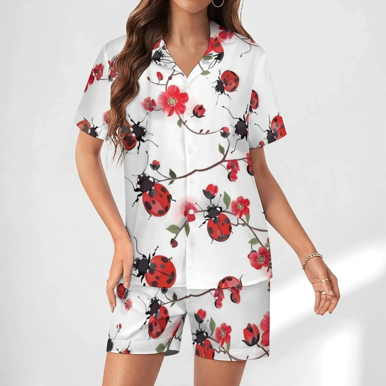 Ladybugs with Red Flowers Women's Satin Pajama Set Short Sleeve Button Down Sleepwear Loungewear Pj Set