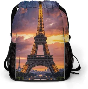 Large Sports Drawstring Backpack Beautiful Eiffel Tower Paris Printed with Dry-Wet Separation | Digital Print Gym Sack | Waterproof Fabric | Shoe Compartment & PVC Pocket | Hydration Mesh for Fitness,