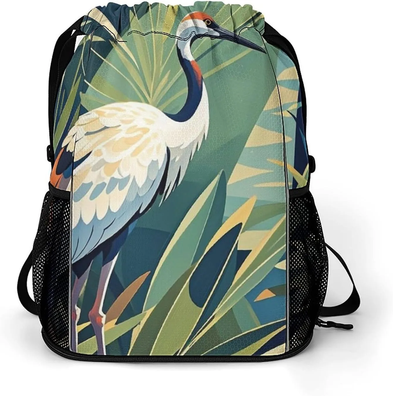 Large Sports Drawstring Backpack Crane Bird Wild Plants Printed with Dry-Wet Separation | Digital Print Gym Sack | Waterproof Fabric | Shoe Compartment & PVC Pocket | Hydration Mesh for Fitness, Trave