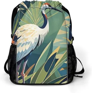 Large Sports Drawstring Backpack Crane Bird Wild Plants Printed with Dry-Wet Separation | Digital Print Gym Sack | Waterproof Fabric | Shoe Compartment & PVC Pocket | Hydration Mesh for Fitness, Trave