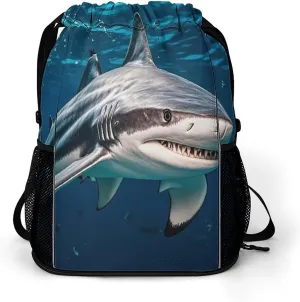 Large Sports Drawstring Backpack Hammerhead Shark Scans The Ocean Printed with Dry-Wet Separation | Digital Print Gym Sack | Waterproof Fabric | Shoe Compartment & PVC Pocket | Hydration Mesh for Fitn